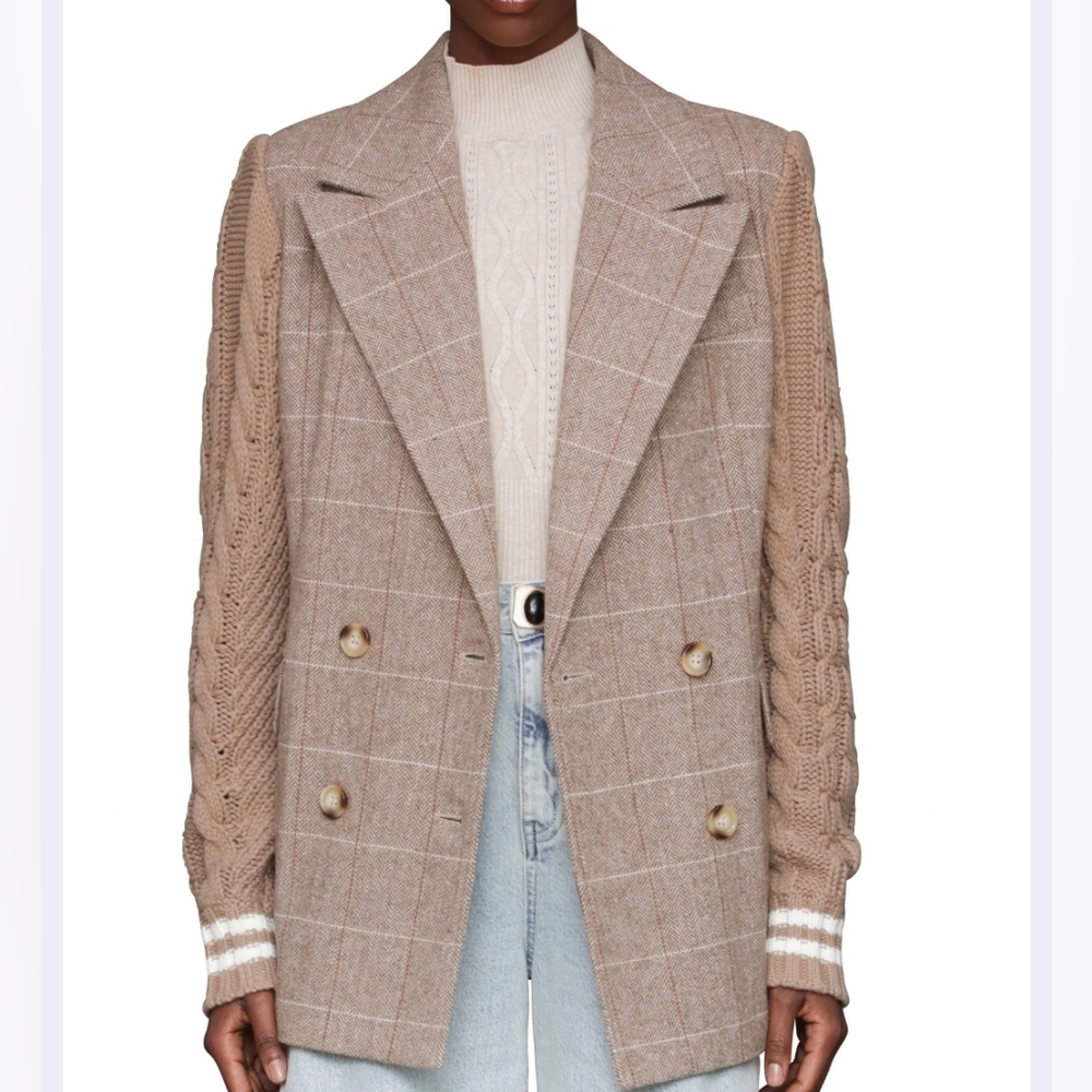 Avec Les Filles Double Breasted Mixed Media Blazer OAT WINDOWPANE, Size Small